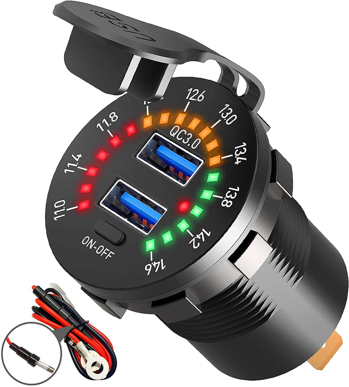 مقبس شاحن USB مزدوج بتقنية الشحن السريع 3.0 مع فولتميتر ومفتاح