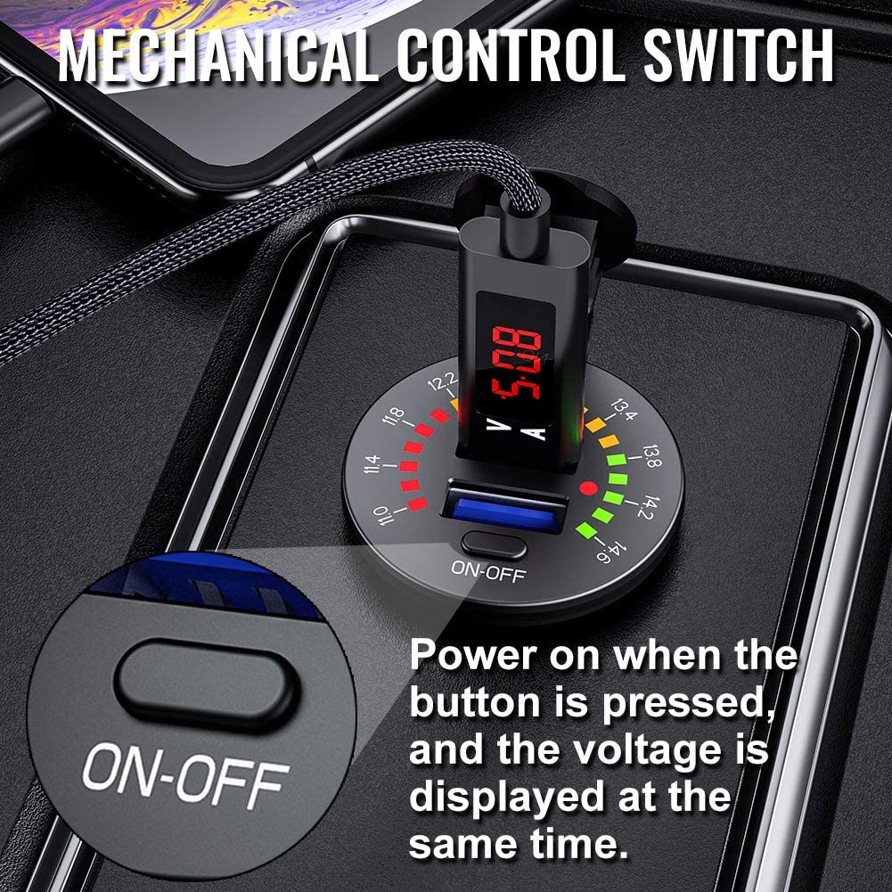 مقبس شاحن USB مزدوج بتقنية الشحن السريع 3.0 مع فولتميتر ومفتاح