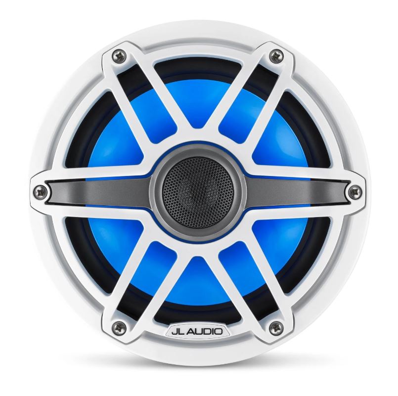 JL - M6-770X-S-GwGw-i مكبرات صوت بحرية محورية مقاس 7.7 بوصة (196 مم) مع إضاءة LED عاكسة، وحلقة زخرفية بيضاء لامعة، وشبكة رياضية بيضاء لامعة