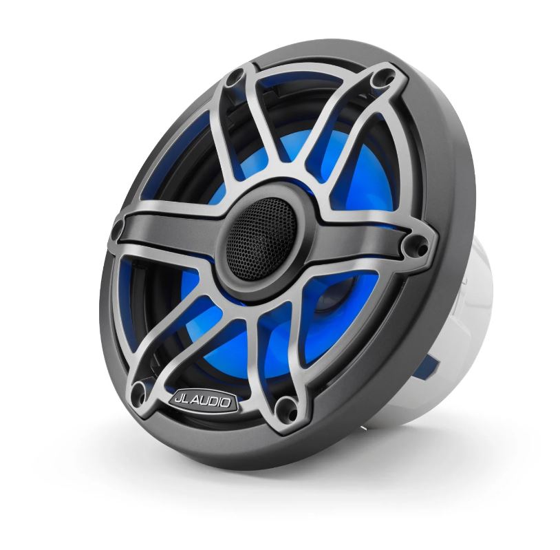 JL - M6-650X-S-GmTi-i مكبرات صوت بحرية محورية مقاس 6.5 بوصة (165 مم) مع إضاءة LED عاكسة، وحلقة معدنية رمادية اللون، وشبكة رياضية من التيتانيوم