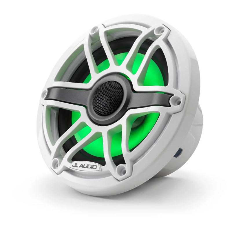 JL - M6-650X-S-GwGw-i مكبرات صوت بحرية محورية مقاس 6.5 بوصة (165 مم) مع إضاءة LED عاكسة، وحلقة زخرفية بيضاء لامعة، وشبكة رياضية بيضاء لامعة