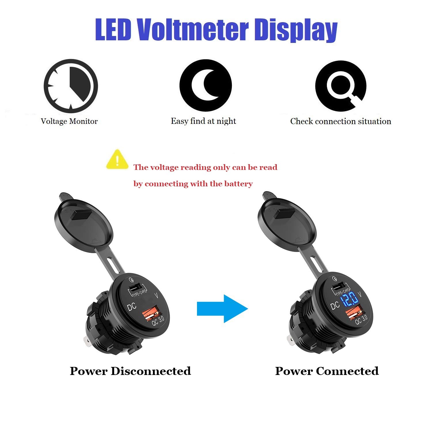 منفذ QC 3.0 USB-A + TYPE-C + PD مع مقياس فولتية LED