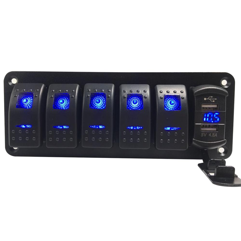 6 Gang aluminium switch panel + rocker 4.8A Usb With Voltmeter