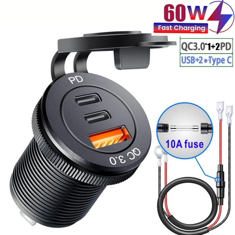 شاحن سيارة سريع الشحن بتقنية PD 3.0 بقدرة 60 وات، مناسب للقوارب والشاحنات والمركبات الرباعية والدراجات النارية