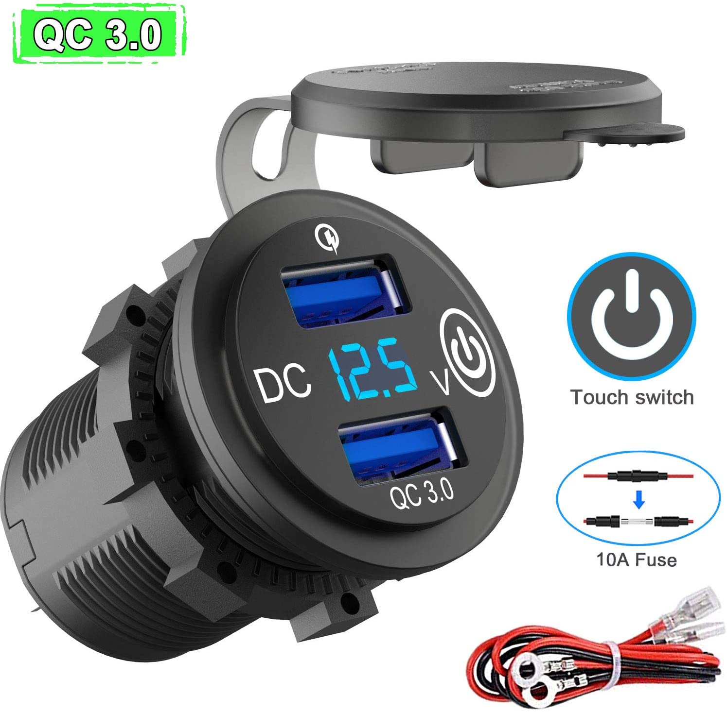 شاحن سيارة بمنفذي USB، مقبس طاقة مقاوم للماء، محول ولاعة سجائر بحرية 36 وات، شحن سريع QC 3.0 مع فولتميتر LED للقوارب