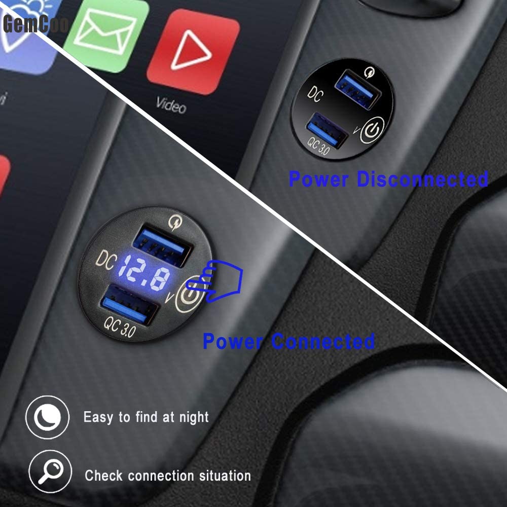 شاحن سيارة بمنفذي USB، مقبس طاقة مقاوم للماء، محول ولاعة سجائر بحرية 36 وات، شحن سريع QC 3.0 مع فولتميتر LED للقوارب