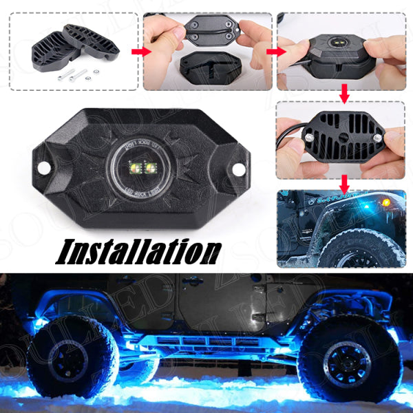طقم إضاءة صخور LED RGBW مع ضوء نيون أبيض نقي أسفل الهيكل عن طريق التحكم في التطبيق لمركبات ATV UTV على الطرق الوعرة