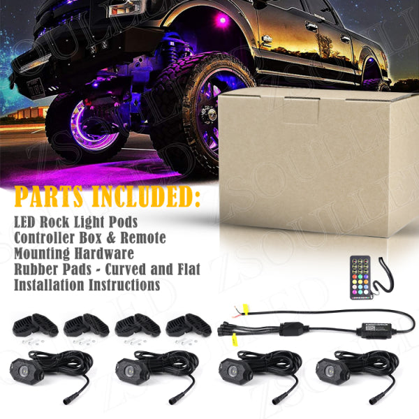 طقم إضاءة صخور LED RGBW مع ضوء نيون أبيض نقي أسفل الهيكل عن طريق التحكم في التطبيق لمركبات ATV UTV على الطرق الوعرة