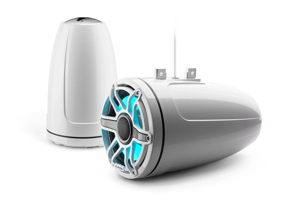 JL Audio M6-880ETXv3 gloss white marine tower speaker pair with RGB lighting