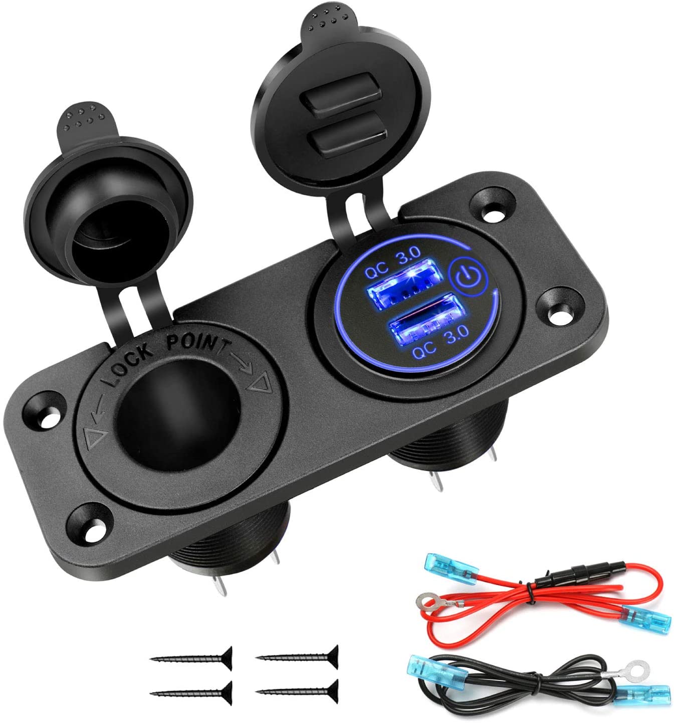 Multi-function12V Socket Cigarette+Dual USB Charger with touch switch for Marine Boat/Car