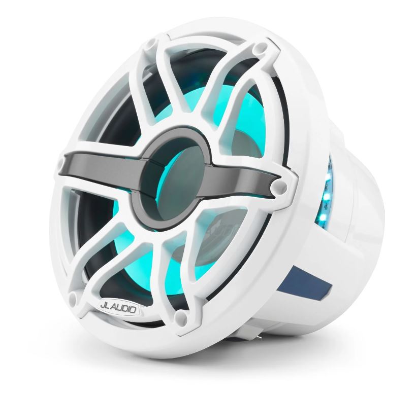 JL - M6-10IB-S-GwGw-i-4 مشغل مضخم صوت بحري مقاس 10 بوصات (250 مم) مع إضاءة LED عاكسة، وحلقة زخرفية بيضاء لامعة، وشبكة رياضية بيضاء لامعة، 4 أوم 