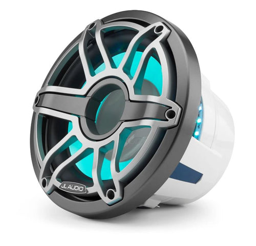JL - M6-10IB-S-GmTi-i-4 مشغل مضخم صوت بحري مقاس 10 بوصات (250 مم) مع إضاءة LED عاكسة، وحلقة معدنية رمادية اللون، وشبكة رياضية من التيتانيوم، 4 أوم