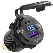 Aluminium 12v-24v dual QC3.0+PD with voltmeter and switch