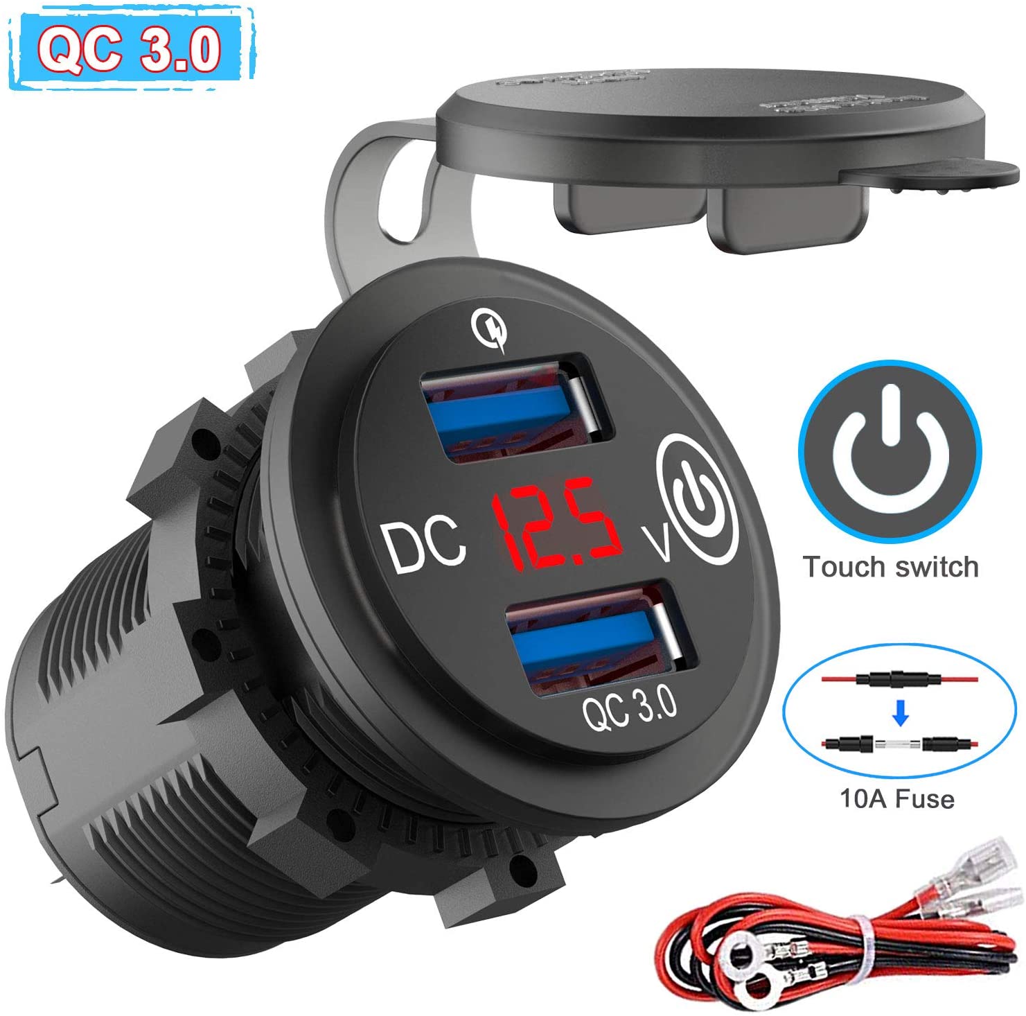 Dual USB Car Charger Power Socket Waterproof Marine Cigarette Lighter Adapter 36W QC 3.0 Fast Charge with LED Voltmeter for Boat