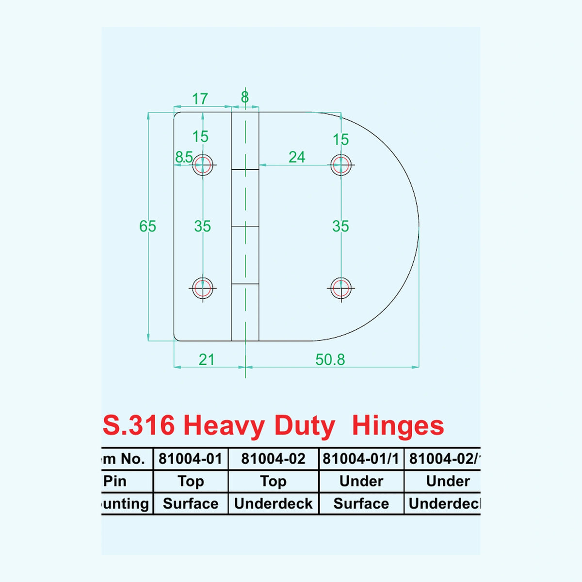 AAA World-Wide 81004-02/1 S.S.316 Heavy-Duty Underdeck Hinge