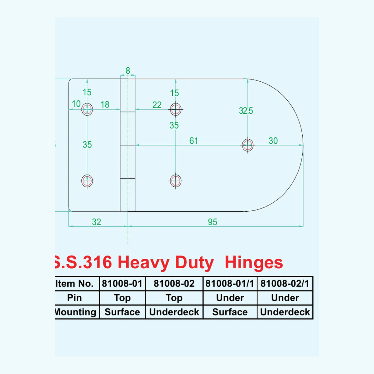 AAA World-Wide 81008-02/1 S.S.316 Heavy-Duty Underdeck Hinge