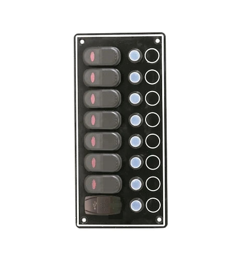AAA Marine Waterproof 8-Gang Switch Panel with USB Charger (10087-BKU)