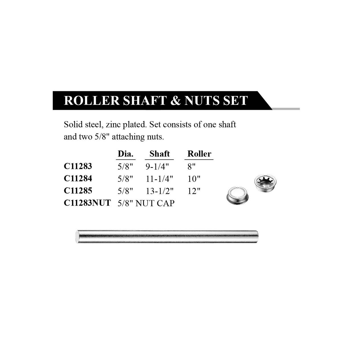 Easterner C11284 Roller Shaft & Nut Set – 5/8 x 11-1/4 in.
